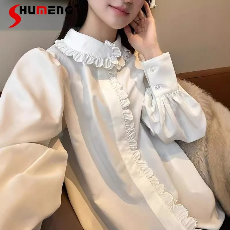 

Japanese Beige Slim-fit Shirts Doll Collar Petal Long-sleeved Blouse Women's Shirt Sweet Cute Single-breasted Blusas Femininas