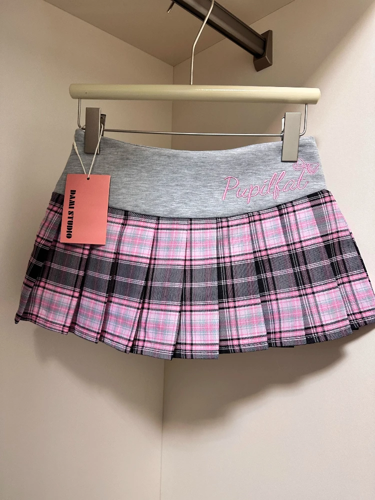 Y2K Preppy Style Plaid Print Patchwork Skirts Women's Summer High Waist Embroidery A Line Mini Skirt Korean Sweet Pleated Skirt