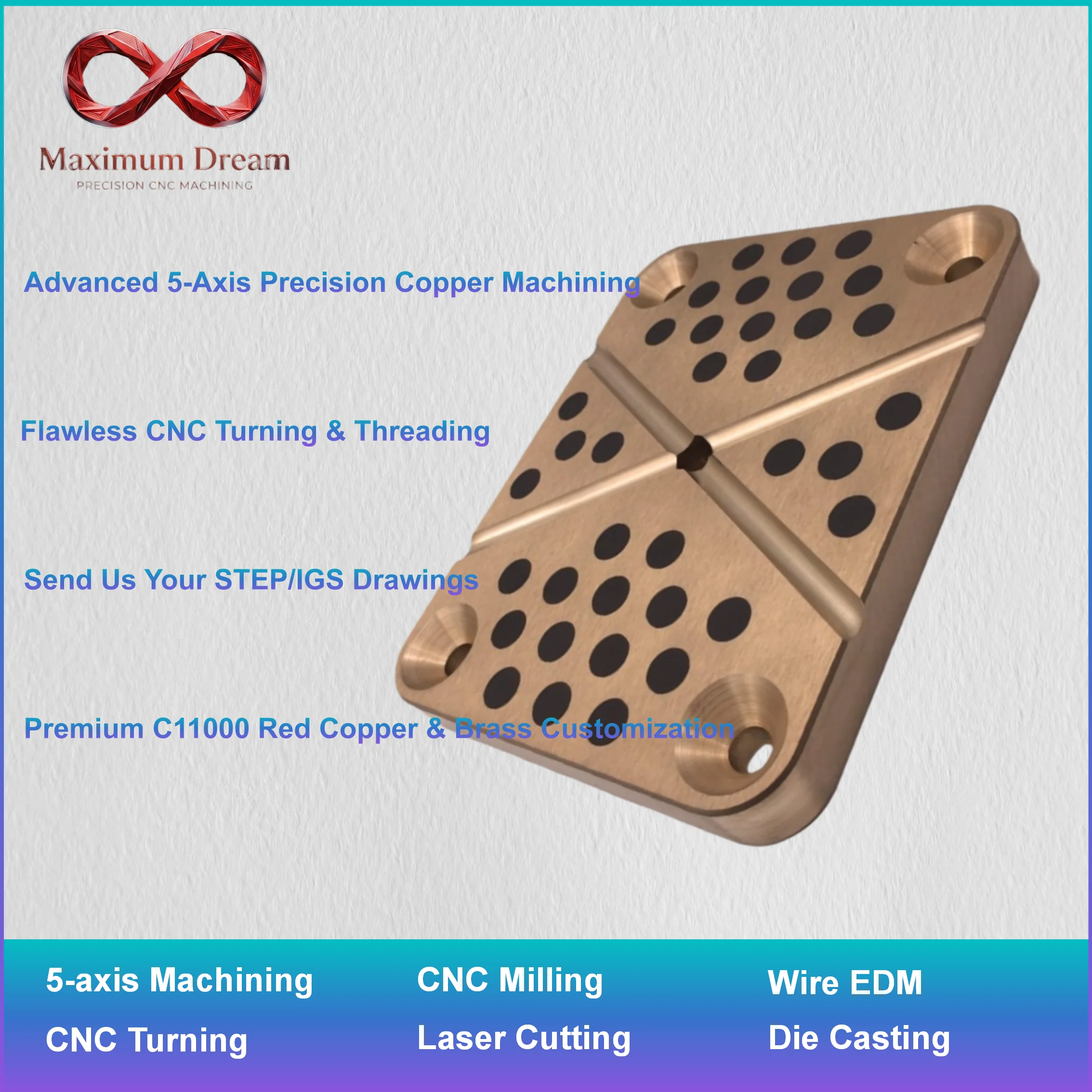 Precision CNC Milling Copper Parts, Custom High Thermal Conductivity Semiconductor Fixture Base Plate, MOQ 1pc