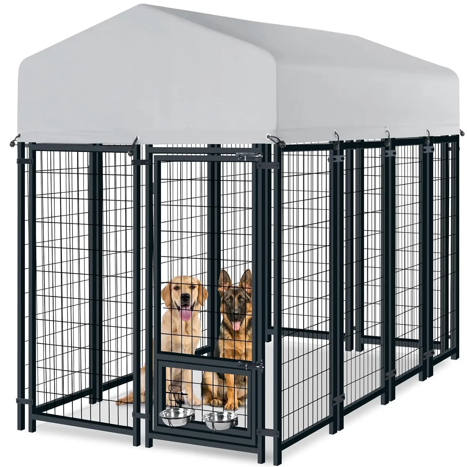 Heavy Duty Dog Kennel Outside with Escape-Proof Lock, Silver Reflective Waterproof Roof, 2 stainless steel bowls