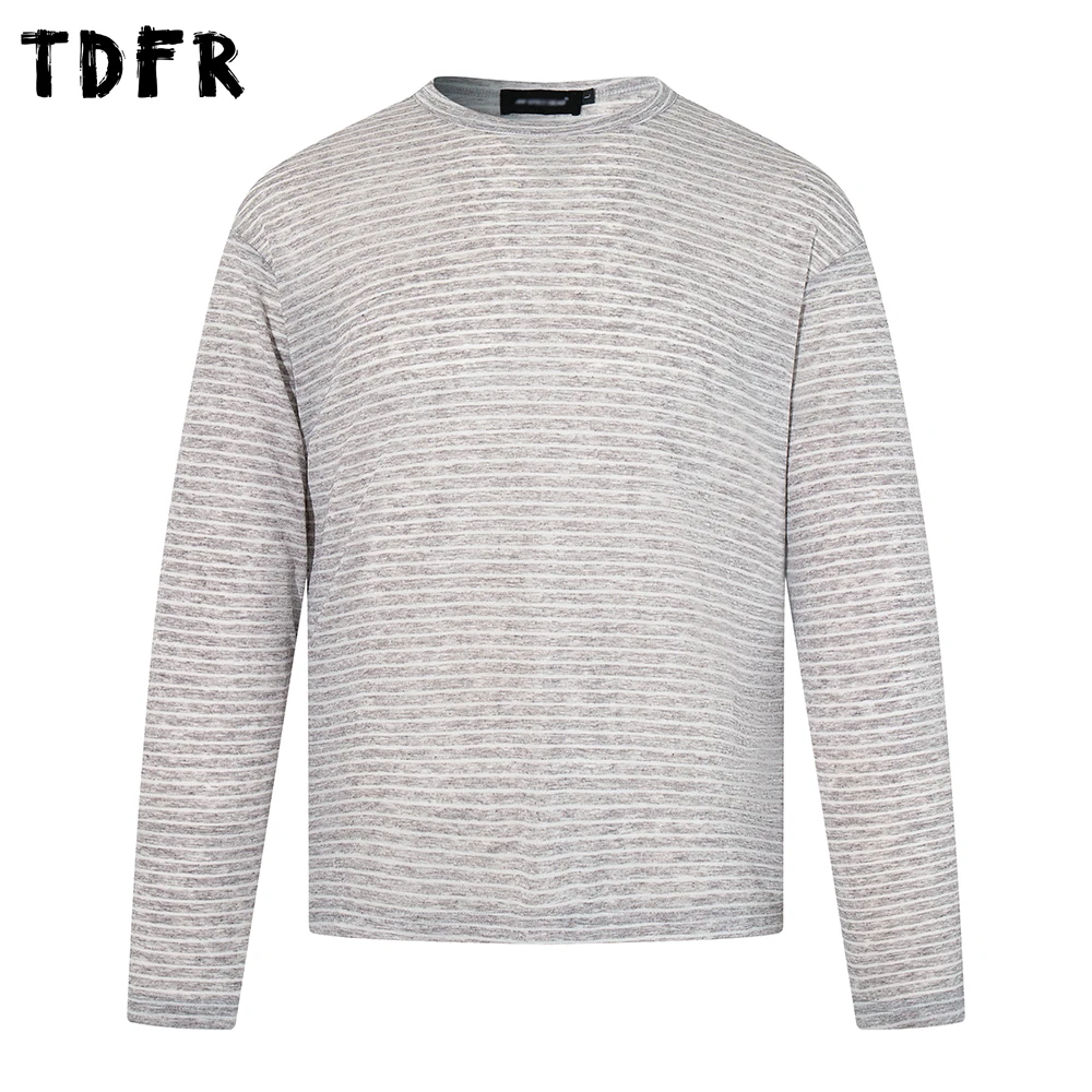 Basic Pinstripe Long Sleeve T-shirt Mens Split-Hem Spring Casual Retro Loose Crew Neck Tee Man Tshirt