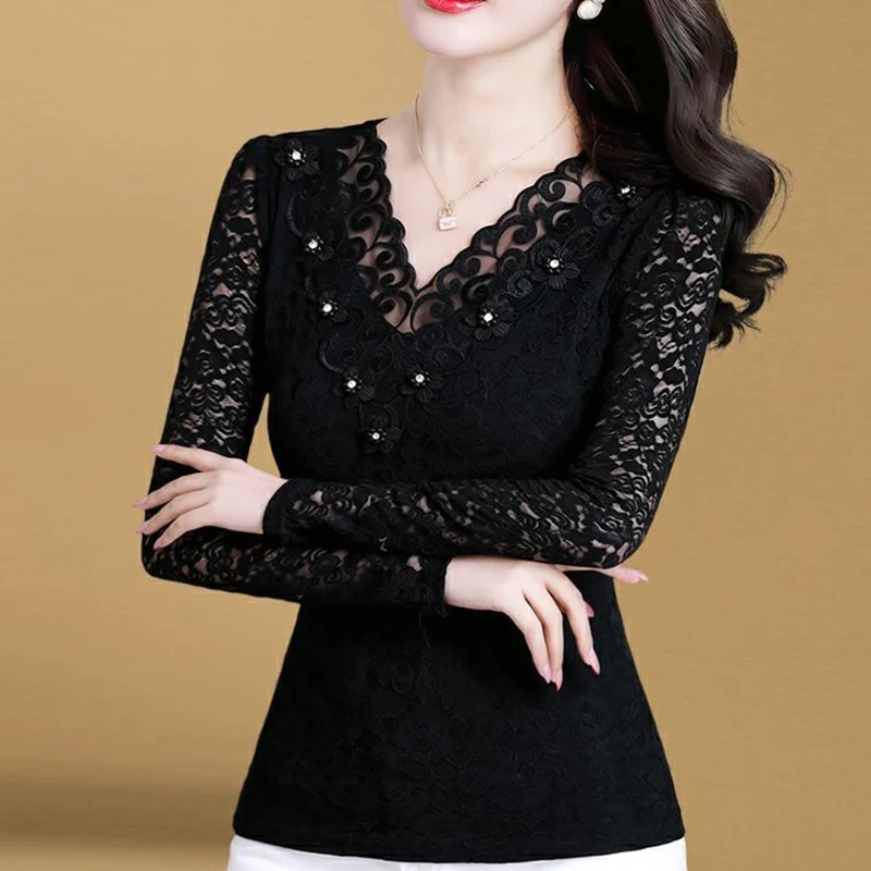 Autumn Elegant Fashion Chic Vintage Shirt Women Trendy Aesthetic Lace Office Lady All Match Hollow Out Lace V Neck Beading Top