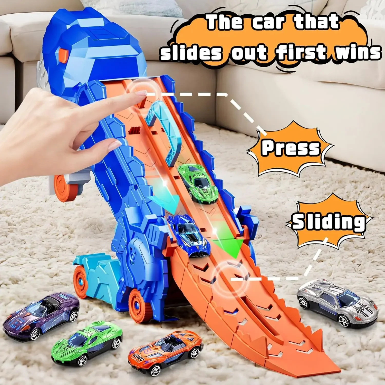 Dinosaur Transporter Truck Toys Foldable Track Alloy Transforming Dinosaur Transport with Alloy Car Toy Gift for Kids Toddle Boy