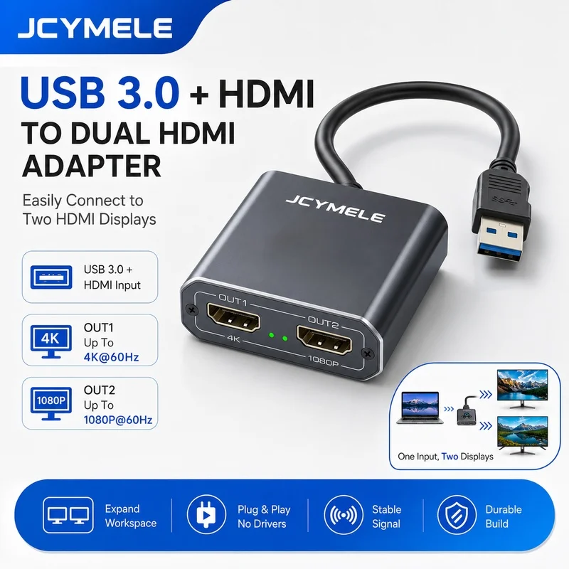 JCYMELE 4K@60Hz HDMI Dual Monitor Splitter Adapter 1 To 2 Output Extended Mirror Display For Windows MacOS Laptop PC