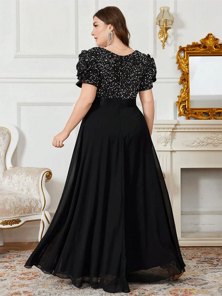 Grande taille col en v noir longueur au sol robe de soirée brillante grande taille en mousseline de soie demoiselle d'honneur de luxe 4xl5xl robe de soirée de mariage pour dames
