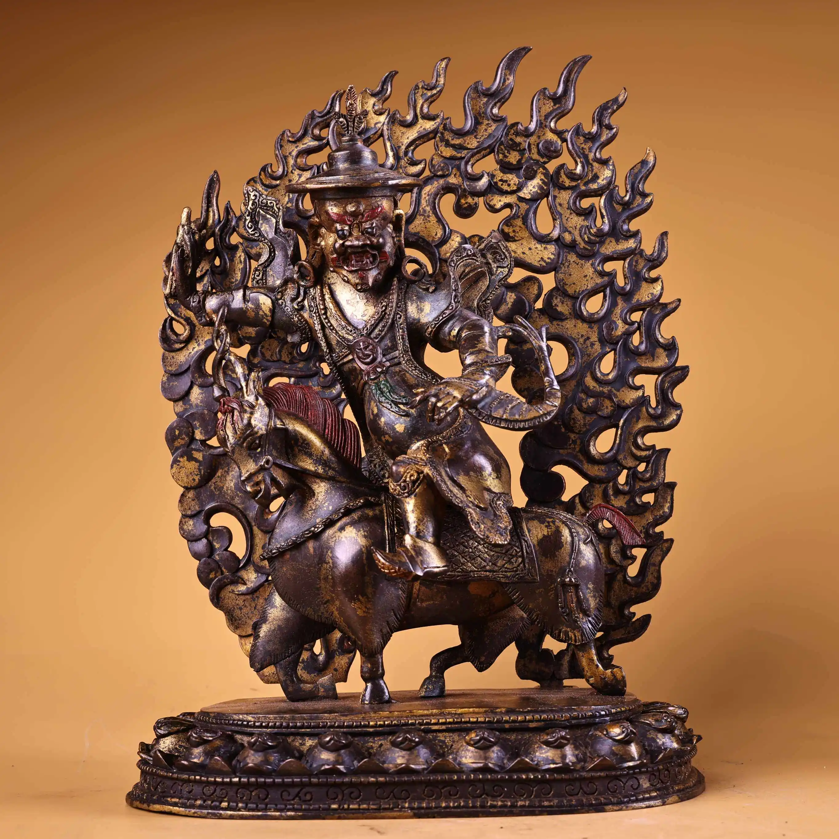 High Relief Clay Gold Damchen Protector Bull Riding Statue Flame Halo Tibetan Home Decor