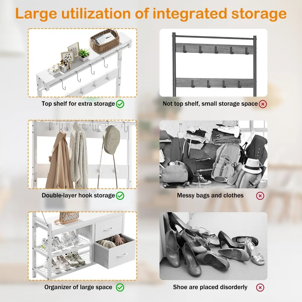مقعد مدخل 5 في 1 مع 17 خطافًا، وحدة تخزين الأحذية ورف المعاطف، وتصميم ذكي قائم بذاته للمنزل
