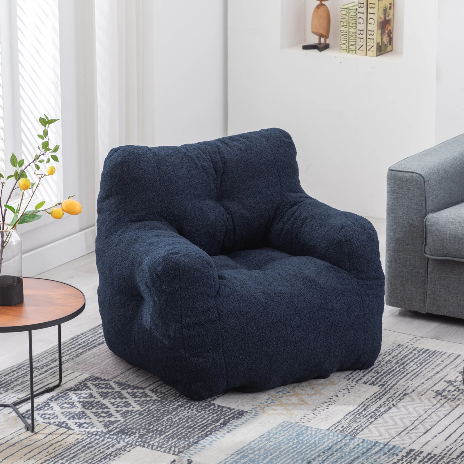 

010-Soft Teddy Fabric Tufted Foam Bean Bag Chair With Teddy Fabric Dark Blue
