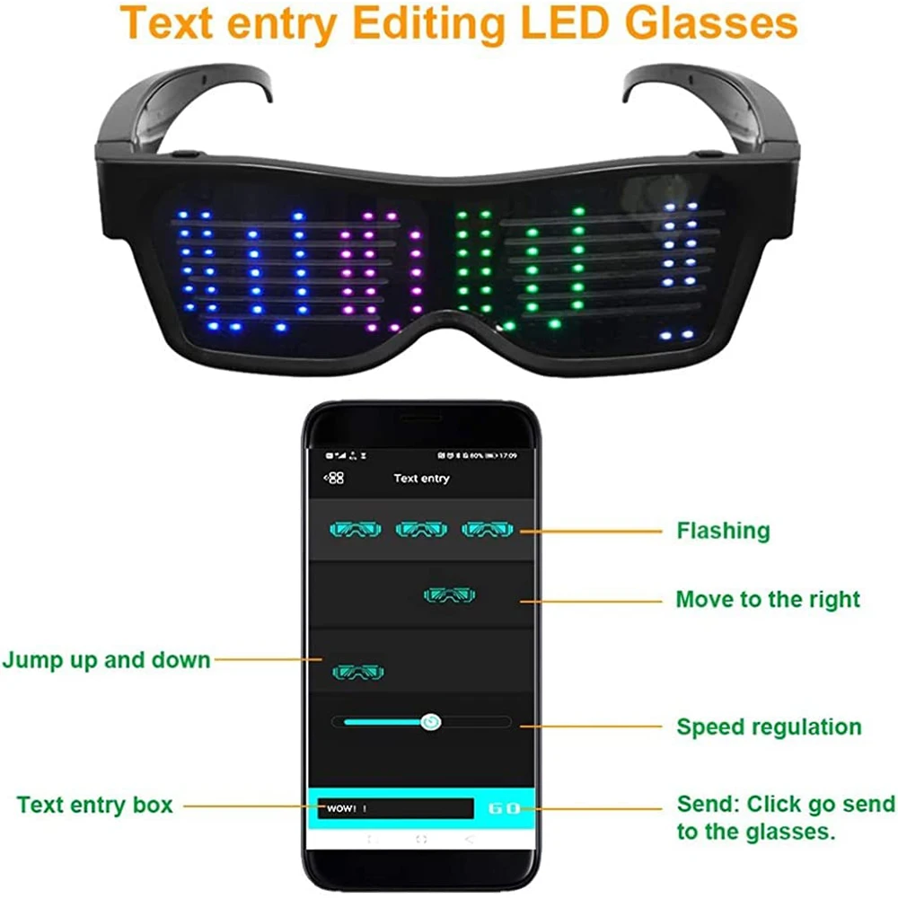 LED Glasses Customizable Light Up Glasses APP Control with DIY Text Graffiti Animation Rhythm for Parties Festival Halloween