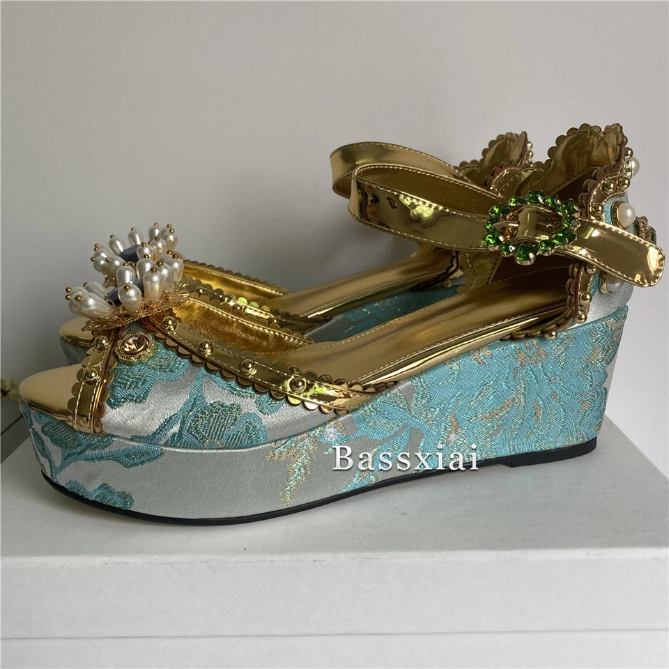 Luxury Embroidery Flower Satin Wedges Sandals Women High Platform Diamond Crystal Buckle Ankle Strap Summer Shoes