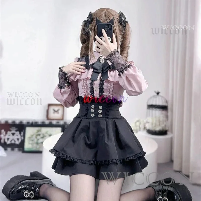 DY20Jirai kei 복장 로리타 걸스 셔츠 스커트 세트 여성 카와이 보우 긴 소매 Y2K 캐주얼 미적 셔츠 일본식 Women25