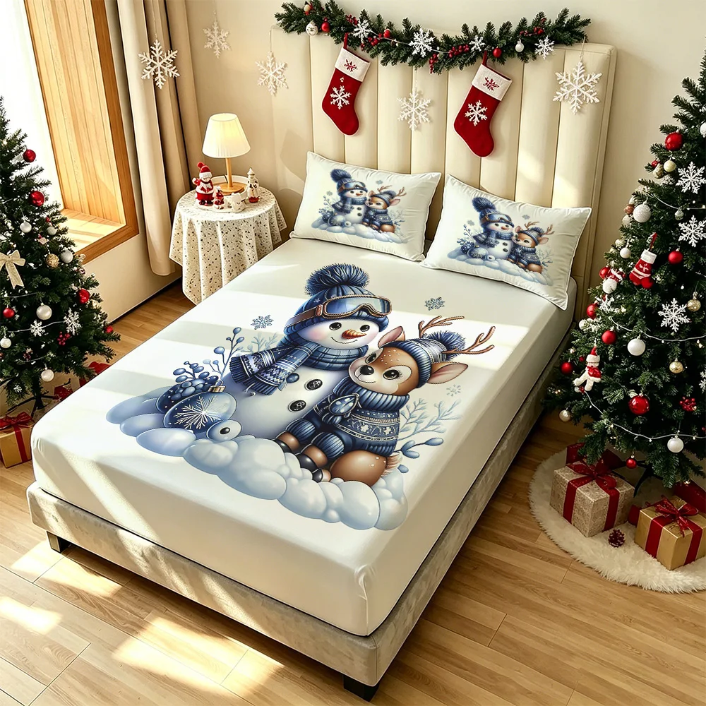 3pcs Winter Snowman Reindeer Print Bedding Set Coreless Soft Comfortable 1 Bedspread 2 Pillowcases Bedroom Decoration Holiday