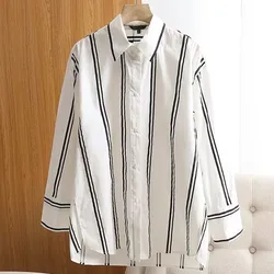 Maxdutti Loose Cotton Casual Tops Fashion Blouse Women 2023 Autumn Vintage Striped Shirt