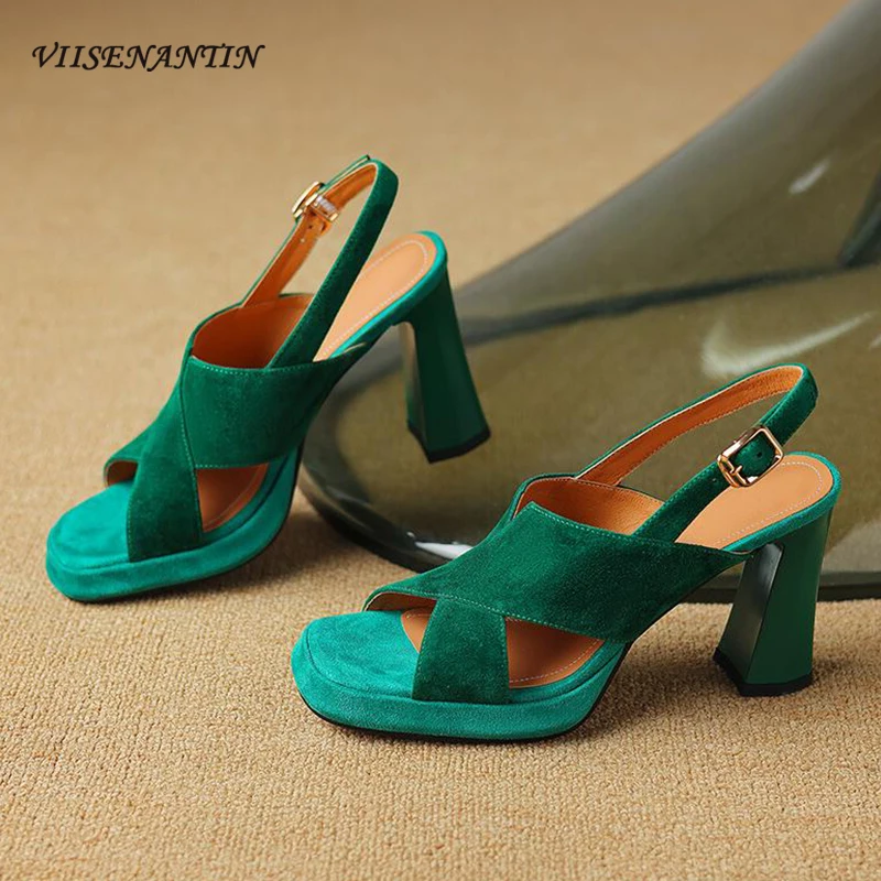 Vintage Style Green Chunky High Heel Sandal Summer New Women Shoe Cross Strap Open Toe Party Shoes Buckle Strap Platform Sandals