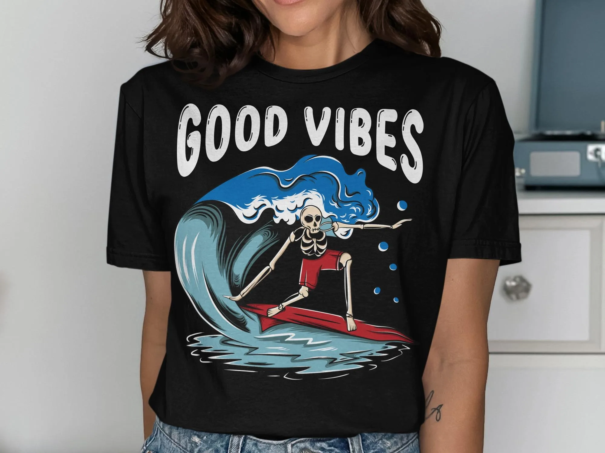 

Surfing Skeleton Fashion Trend Clothing Pattern Printing Summer Luxury Brand Cotton Men's and Women's T-Shirts Short Sleeves