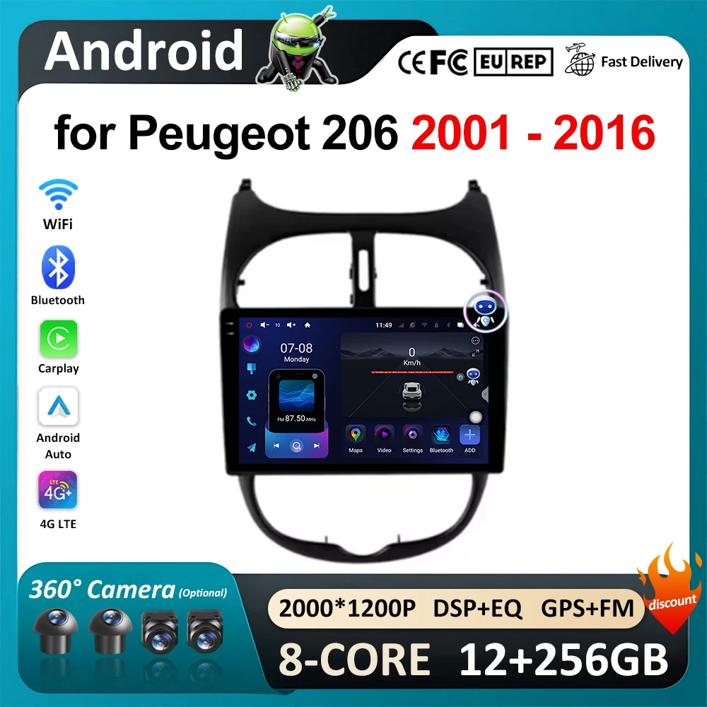 GPS Navigation Android OS 9 inch for Peugeot 206 2001 - 2016 4G DSP Stereo Car Radio Multimedia Player WiFi BT IPS Touch Screen