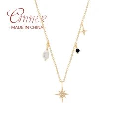 CANNER 925 Sterling Silver Chain Necklaces Bling Zircon Octagonal Star Shaped Pearl Pendant Necklace For Friend Birthday Gift