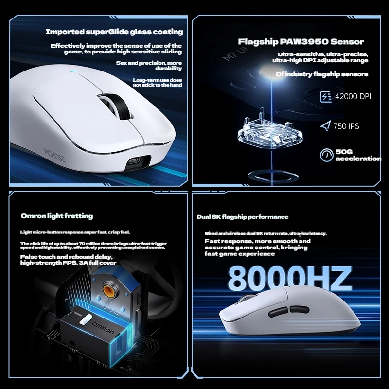 ماوس ألعاب Mchose M7 Ultra E-Sports سماعة لاسلكية تعمل بالبلوتوث اتصال ثلاثي الأوضاع Paw3950 42000dpi مزدوج 8k دفتر خفيف الوزن