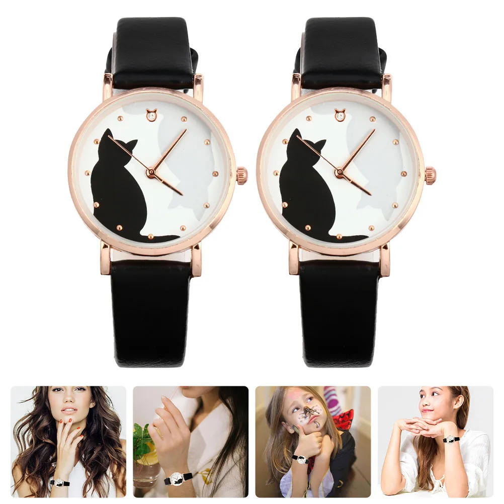 

2 pcs Cat Pattern Wrist Watch For Women Girls Alloy Belt Watch Adjustable Kitten Design Elegant Casual Lady Timepiece Business