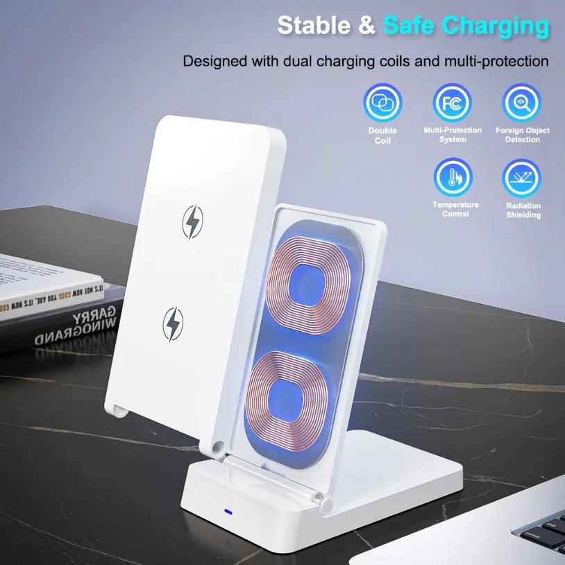 VIKEFON شاحن لاسلكي الهاتف سطح المكتب حامل قابل للطي حامل آيفون 17-12 برو ماكس سامسونج S24 Xiaomi محطة شحن سريع