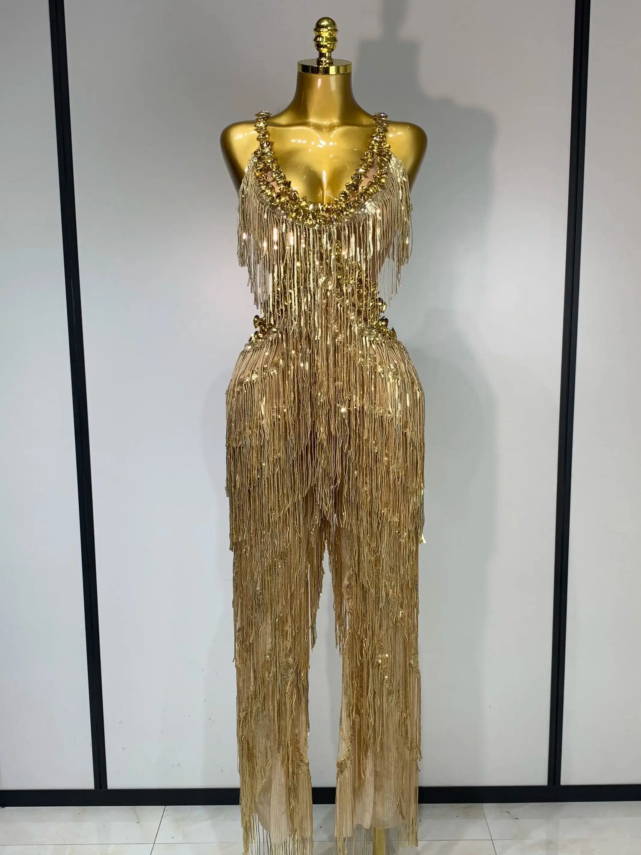 Mono con flecos y lentejuelas con diamantes de imitación dorados brillantes para mujer, traje Sexy para fiesta de club nocturno y cumpleaños, disfraz para actuación en escenario de cantante