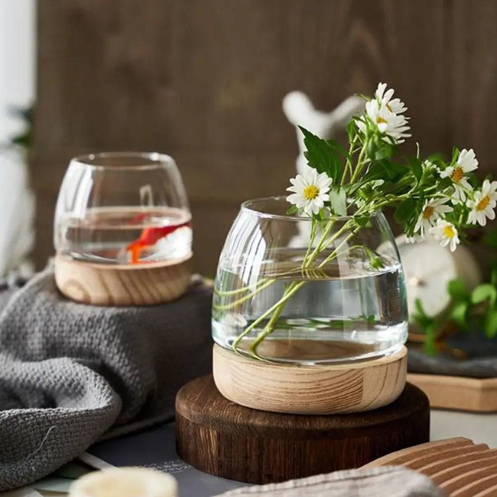 

Round Circular Wooden Bucket Tank Decorative Simple Ecological Fish Tank with Wood Base Transparent Glass Fish Tank Office