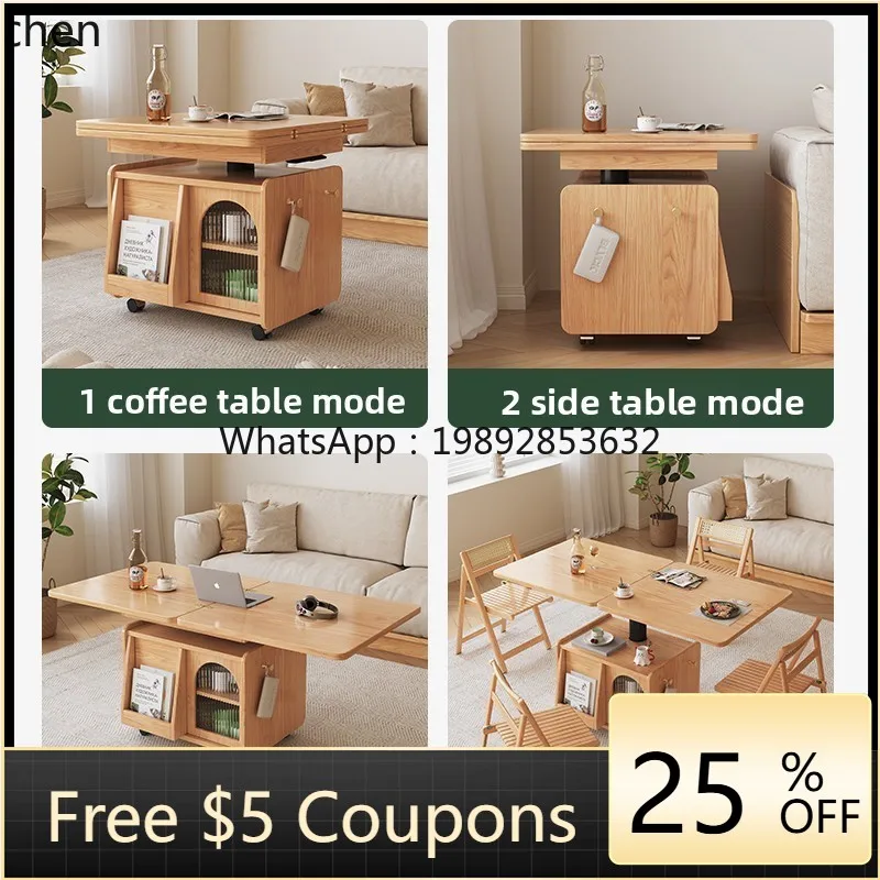 

WW modern simple all solid wood movable coffee table can lift tea table dining table