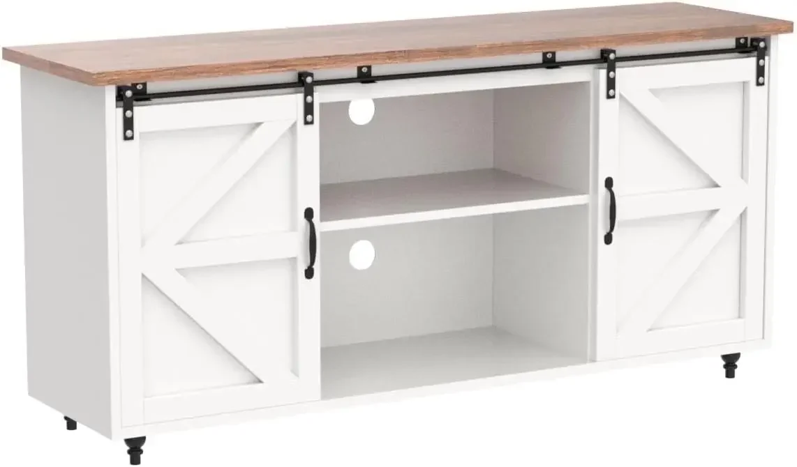 Armário buffet de 58 '' com porta deslizante de celeiro, mesa de bar de centro branca com pés de cabaça de madeira, mesa buffet para sala de jantar