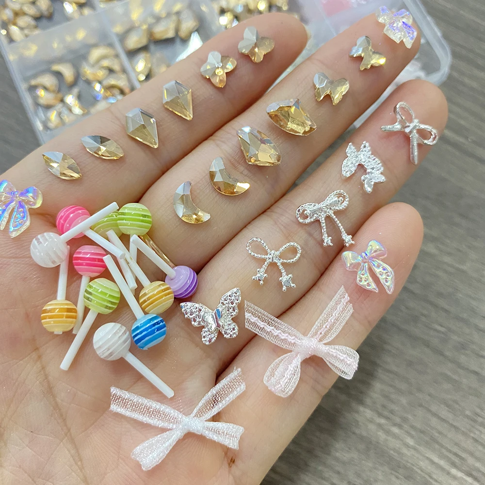 12 rasters 3D gemengde AB Aurora diamant acryl nagelbedels met organza strik lolly nail art steentjes DIY manicure benodigdheden