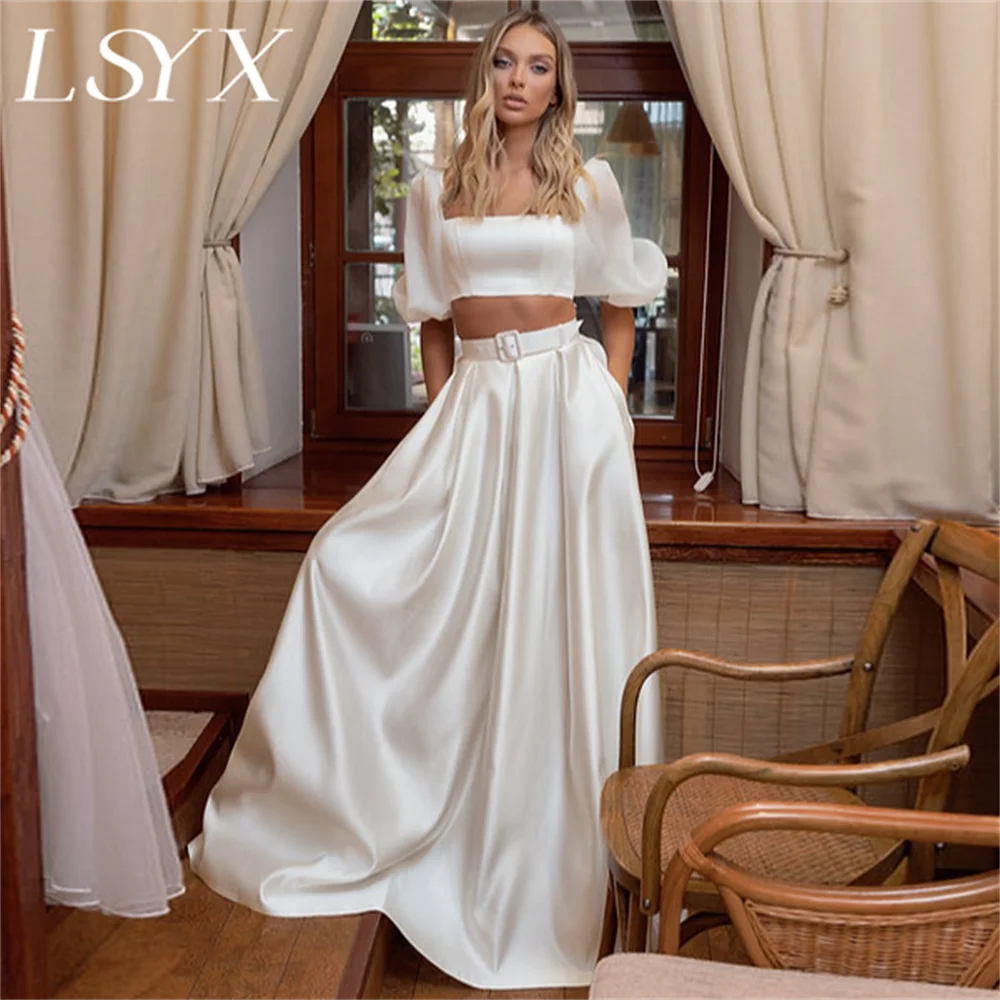 LSYX due pezzi maniche a sbuffo abito da sposa a trapezio increspato in raso per le donne abito da sposa moderno con cerniera Sweep Train Custom Made