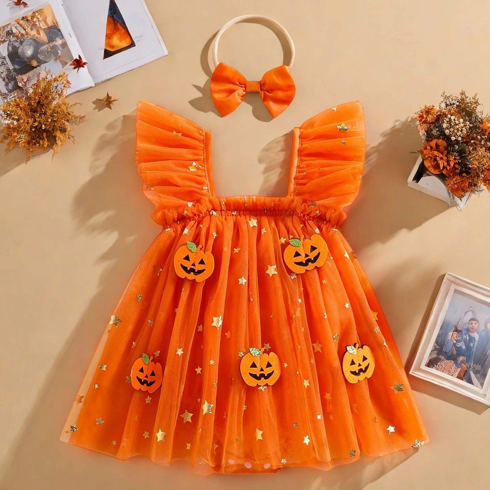 

Newborn Girl Romper Fly Sleeve Square Neck Pumpkin Spider Bat Tulle Romper Dress with Hairband Halloween Clothes