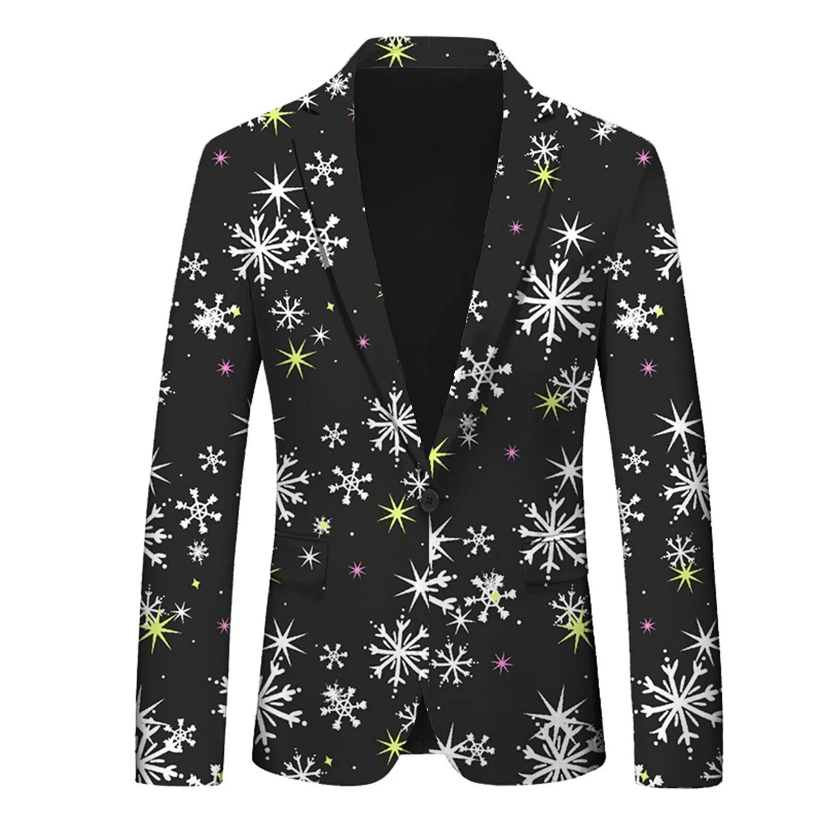 Christmas Snowflake Santa Printed Pocket Suit Coat Men Lapel Single Button Holiday Suits Jacket Slim Fit Business Blazer