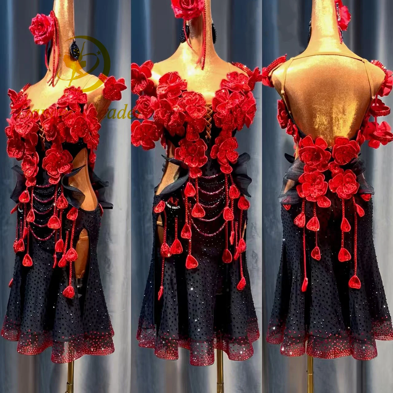 

Latin Dance AB Stone Female Adult Children High end Customized Twilight Rose Wave Skirt Black Pool Samba Performance Dress