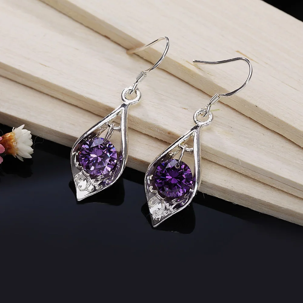 Boucles d'Oreilles en Argent Sterling 925 et Clip Violet pour Femme, Jolies Breloques de Luxe, Cadeau de Fiançailles et de Mariage