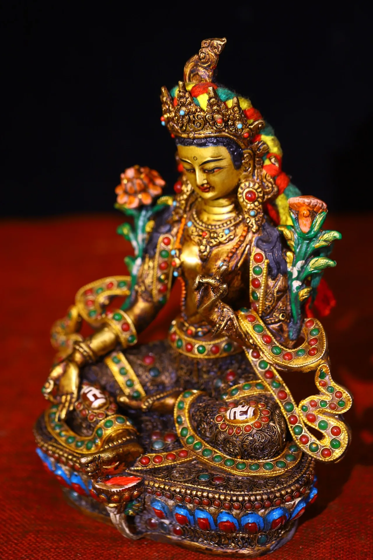 Old Tibetan Silver Outline in gold Mosaic Gem gZi Beads Green Tara Lotus Sitting Buddha Worship Hall