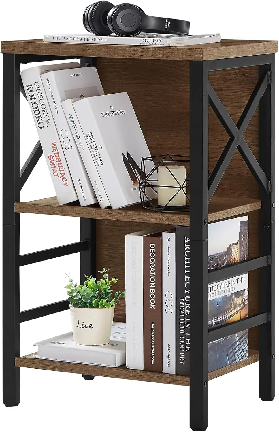 

3-Tier Industrial Bookcase with Metal Frame, Rustic Brown for Small Spaces in Living Room, Bedroom, Home Office