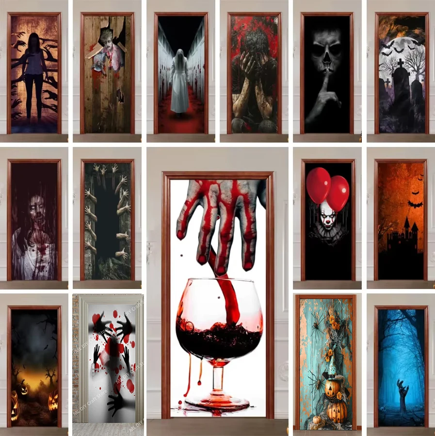 

3D Blood Red Wine Glass Pattern Door Sticker Halloween Festival Atmosphere Decoration Horror Sticker PVC Self-adhesive Poster