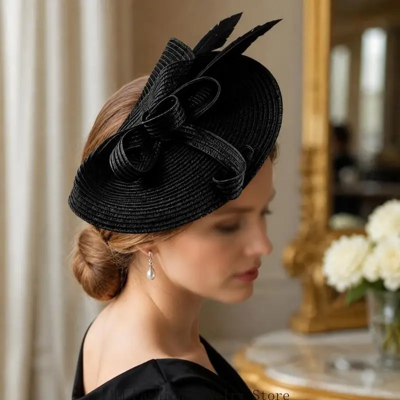 Wedding Fascinator Hat for Women Straw Look Open Form Headpiece with Detail for Formal Party Styling Wear D0UB