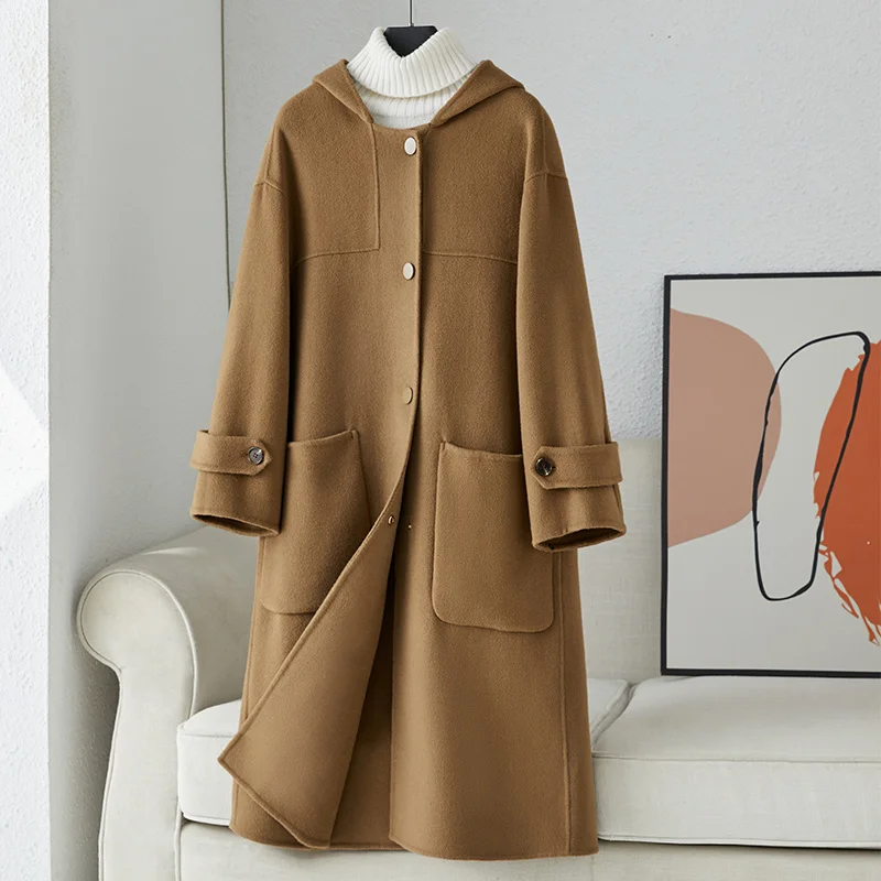 Double-sided Cashmere Coat Women's Mid length 2023 New High end Hepburn Style Hooded 100 Pure Wool Coat