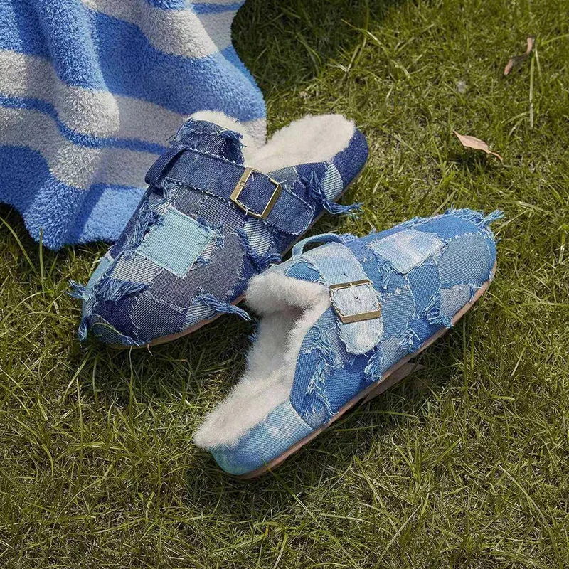 

Winter Denim Slippers Women Fashion Buckle Tassel Plush Slippers Indoor and Outdoor Lightweight Comfortable Mules Garden Shoes