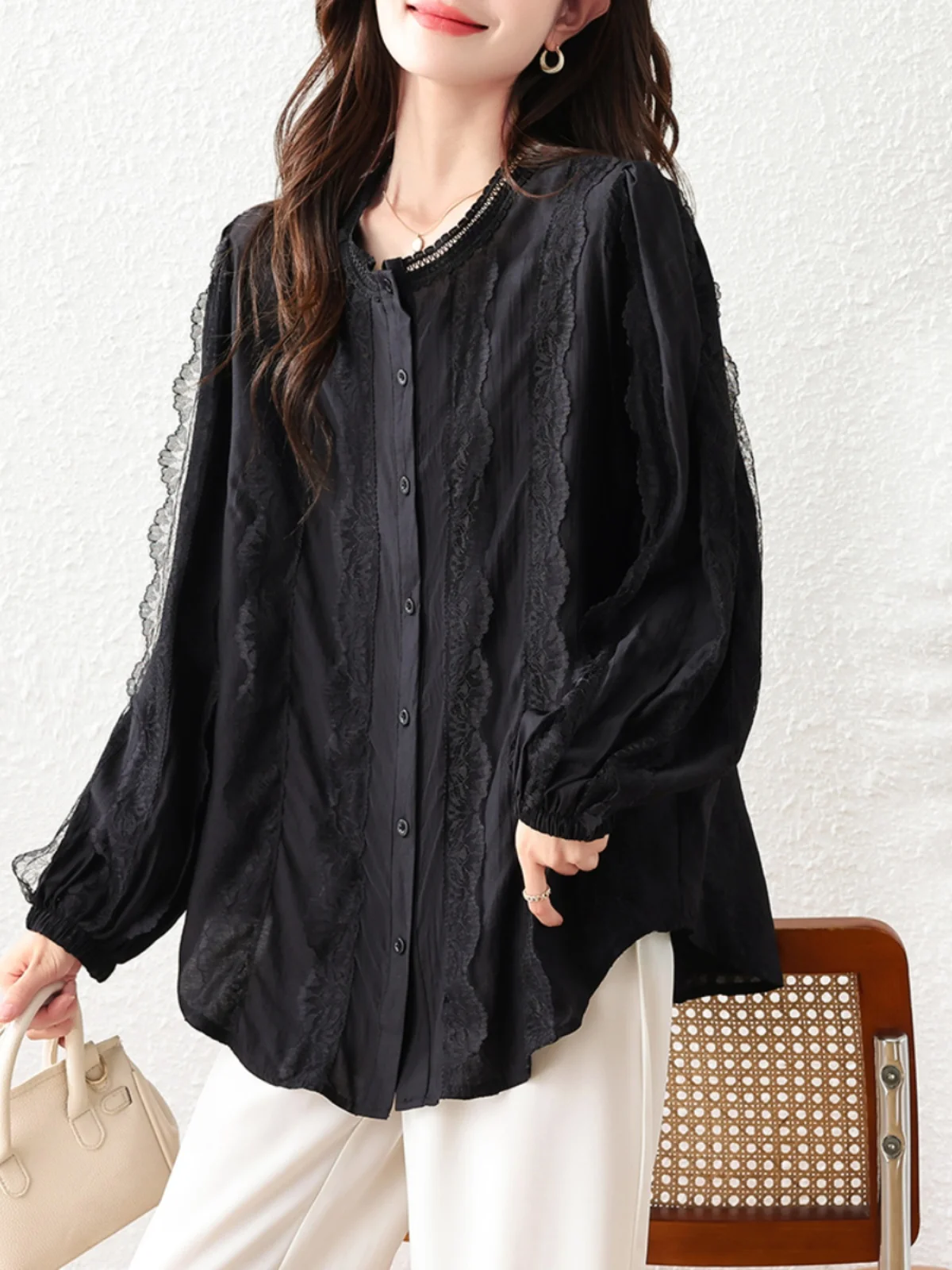 

plus Size Women's Bla Long Sve irt Spring Slimming Loose Fit Fat Sister Casual Straight Tube Top Quali Material