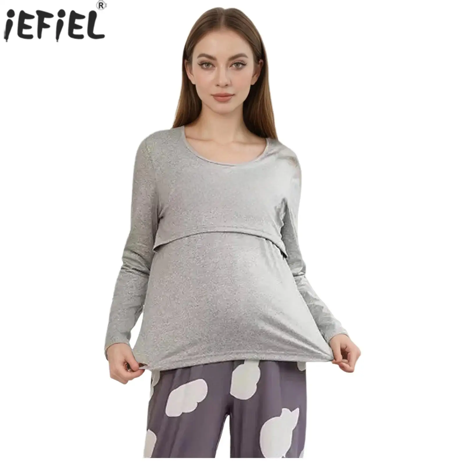 Women Nursing Shirts Tops Postpartum Clothes comfortable Long Sleeve Round Neck Double Layer Pregnancy Maternity Nursing T-shirt