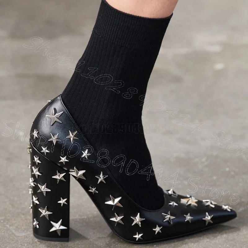 

Metal Star Rivets Black Pointed Toe Sandals Slip On Women Shoes Chunky High Heels Party Runway Dating 2025 Zapatos Para Mujere