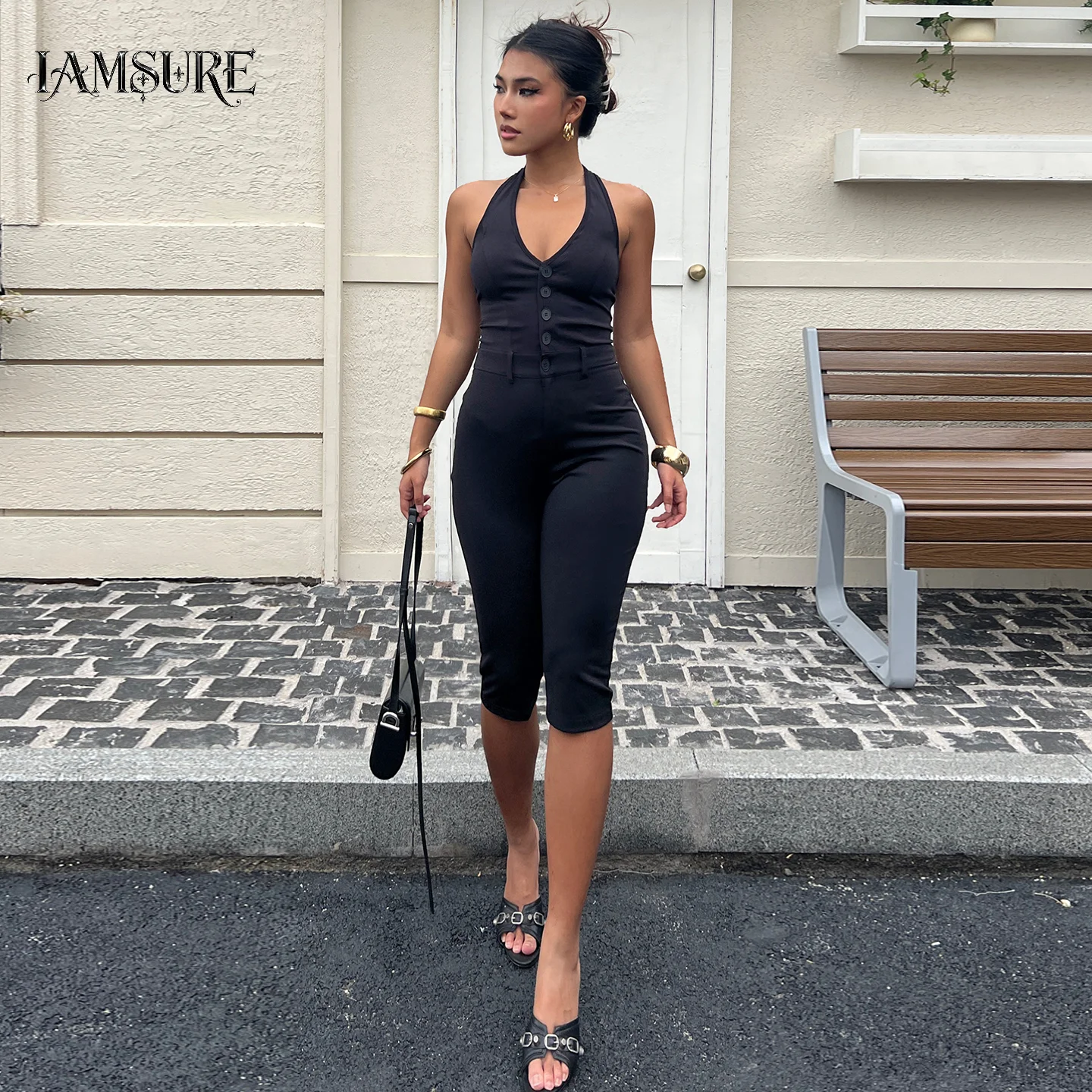 Fashion V-neck Single Breasted Halter Jumpsuits Women Casual Black Backless Slimming Mid-length One Piece Romper Street Wear New