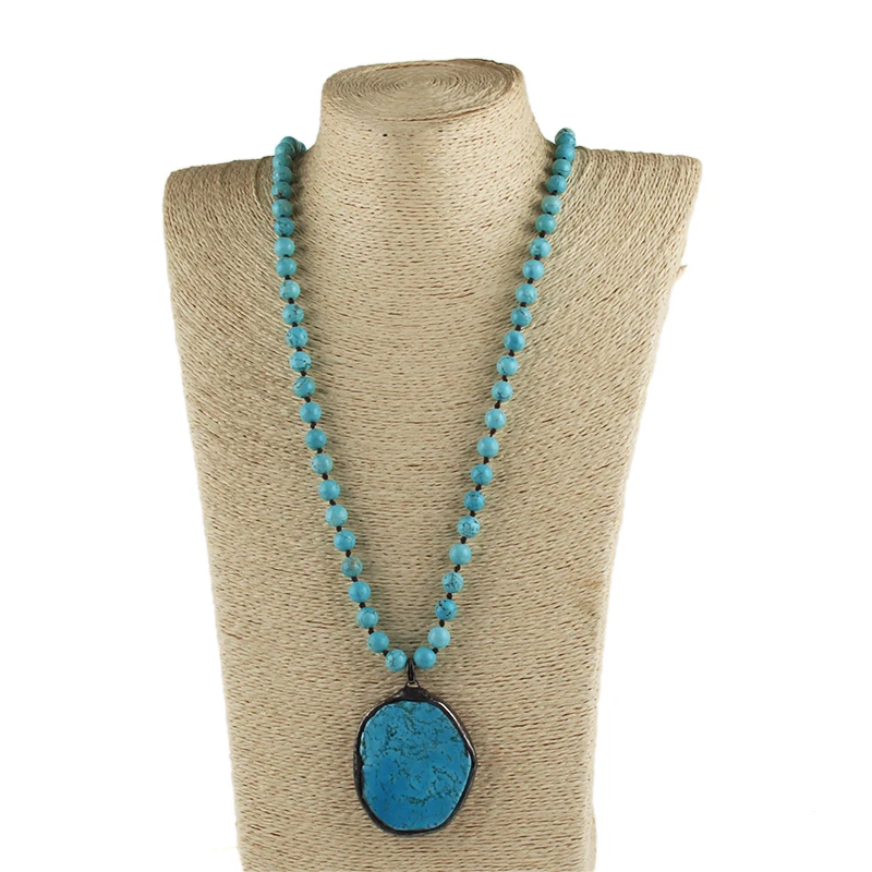 Fashion Bohemian Jewelry Accessory 8mm Turquo Natural Stones With Semi Precious Pendant Necklaces For Festival Gift