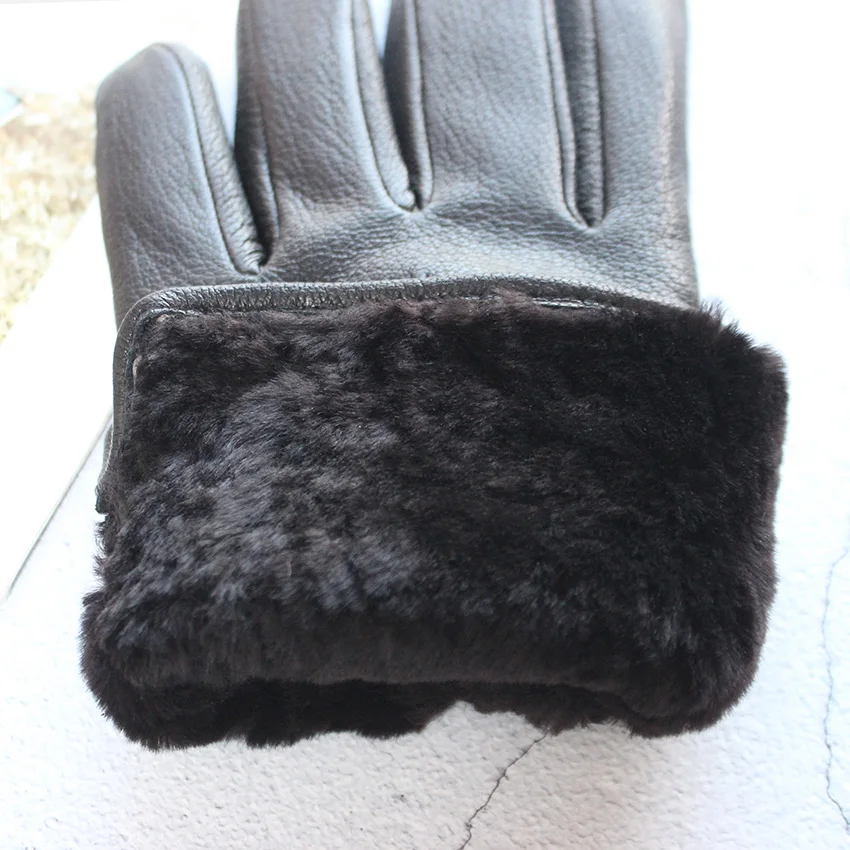 Winter Thick Sheepskin Fur Lining Warm Goatskin Gloves Men\'s Deerskin Pattern Leather Sheep Shearing Cold-Proof Finger Gloves