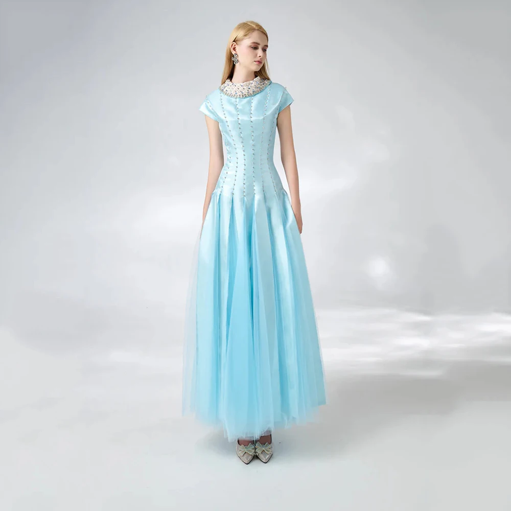 

Customized Baby Blue Satin O-neck Evening Dress With Draped Tulle Sleeveless Party Gown Zipper Ankle Length Prom Dresses