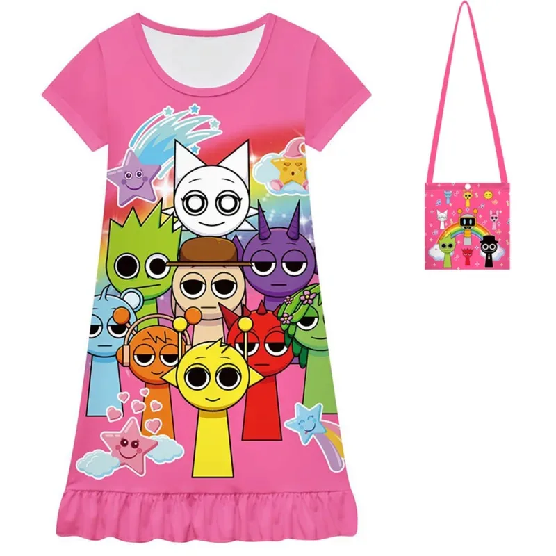 

l2025l Новое спальное платье для девочек на Хэллоуин, косплей, детское платье с короткими рукавами Sprunki, домашняя одежда