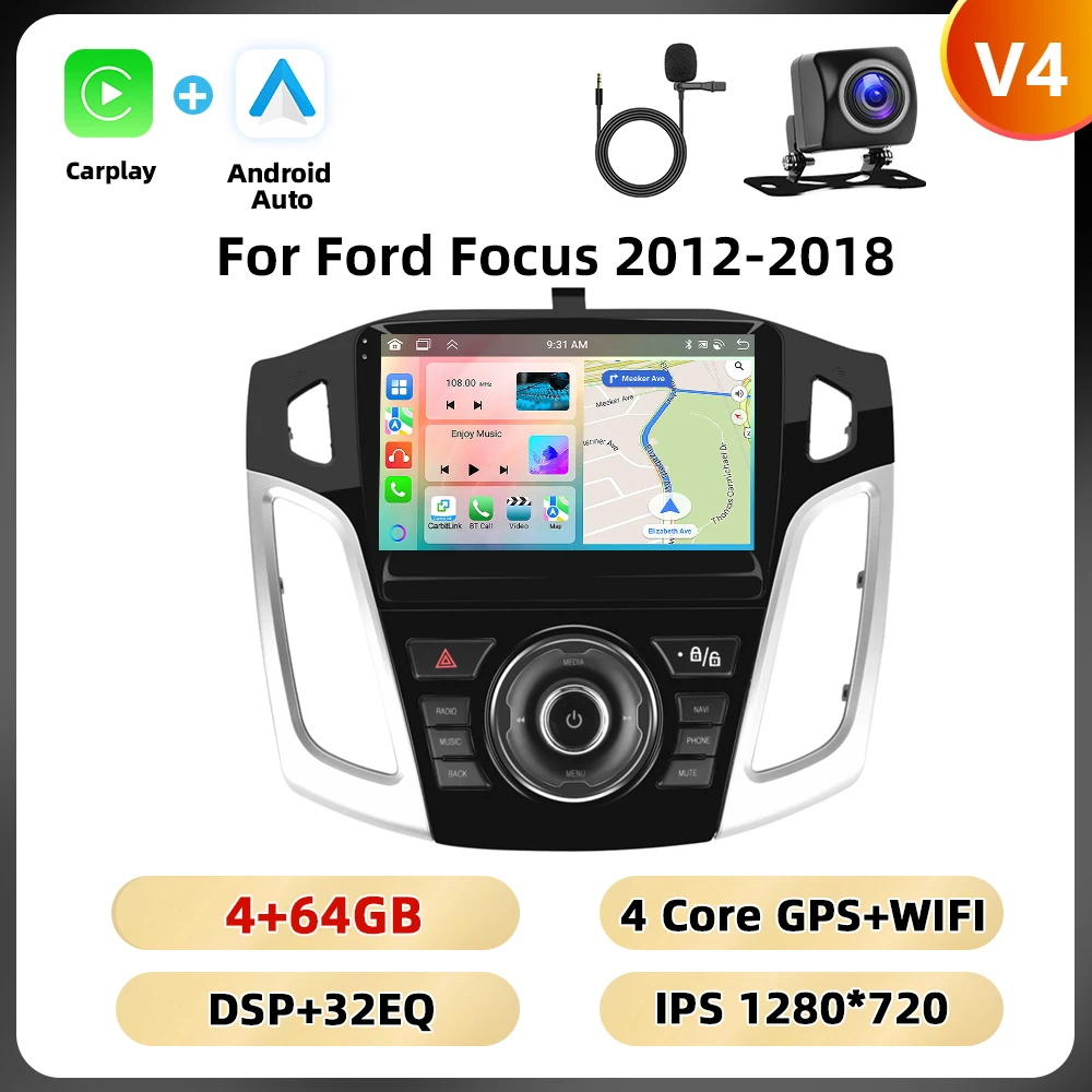 Podofo 2Din 8 + 128G Autoradio Voor Ford Focus 2012-2018 Multimedia Speler AI Voice WIFI 4G Carplay Android Auto USB Spiegel Link