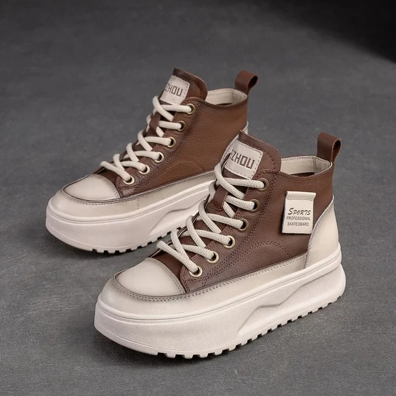 2025 حجم 35-40 النساء بوط من الجلد الطبيعي جولة تو منصة كعب السيدات أحذية أنيقة ربيع الخريف أحذية رياضية #4